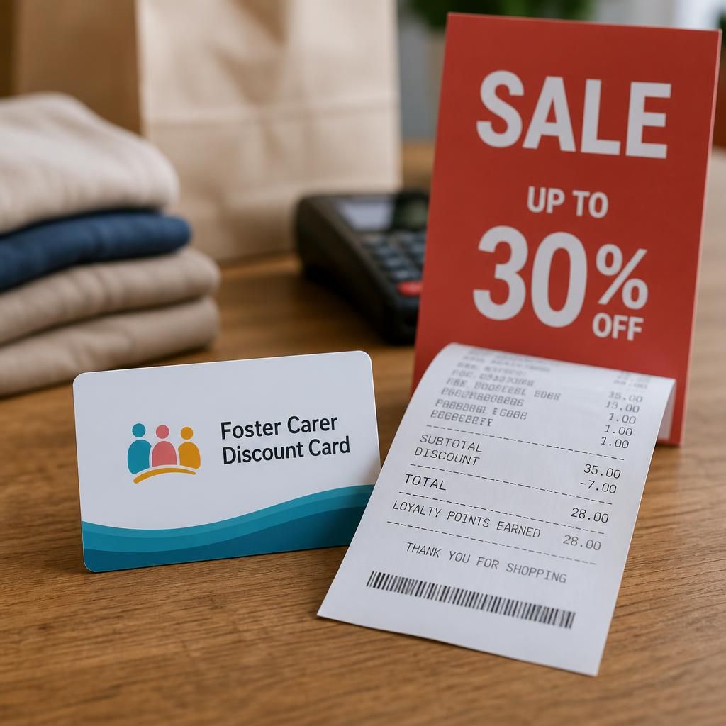 Foster carer discount card beside a shop receipt and promotional sale sign