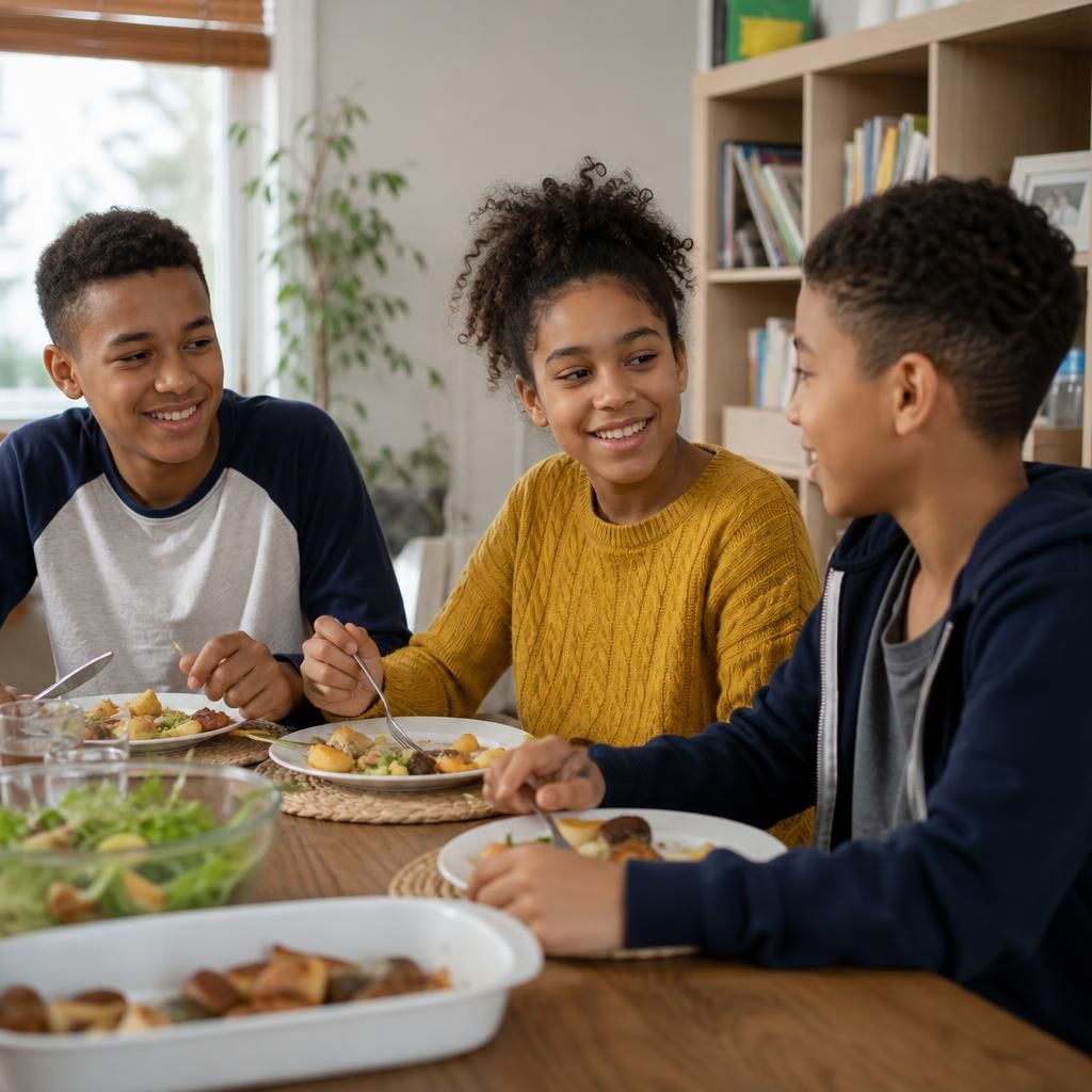 Brothers and sisters sitting together at a dining table in a foster home