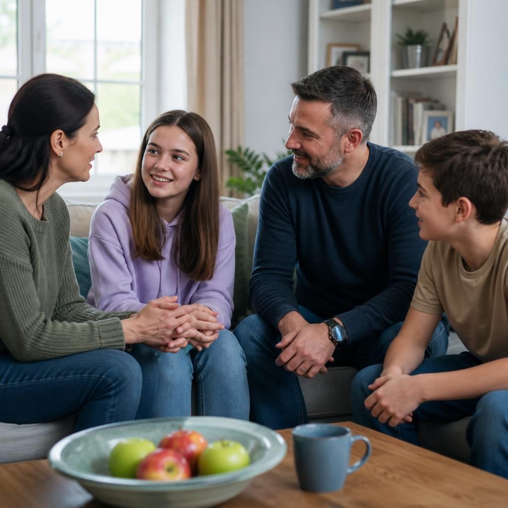 Family members talking together at home