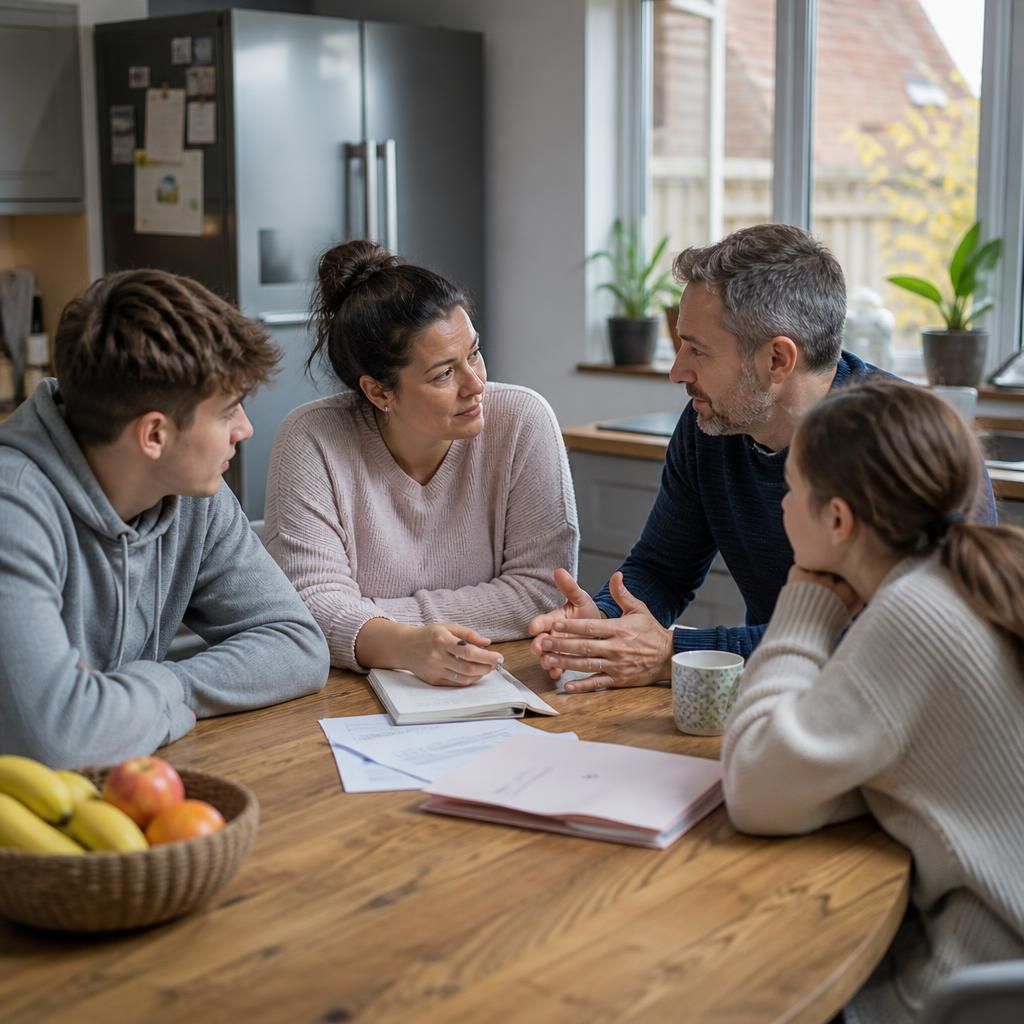 Family members discussing plans together at a kitchen table
