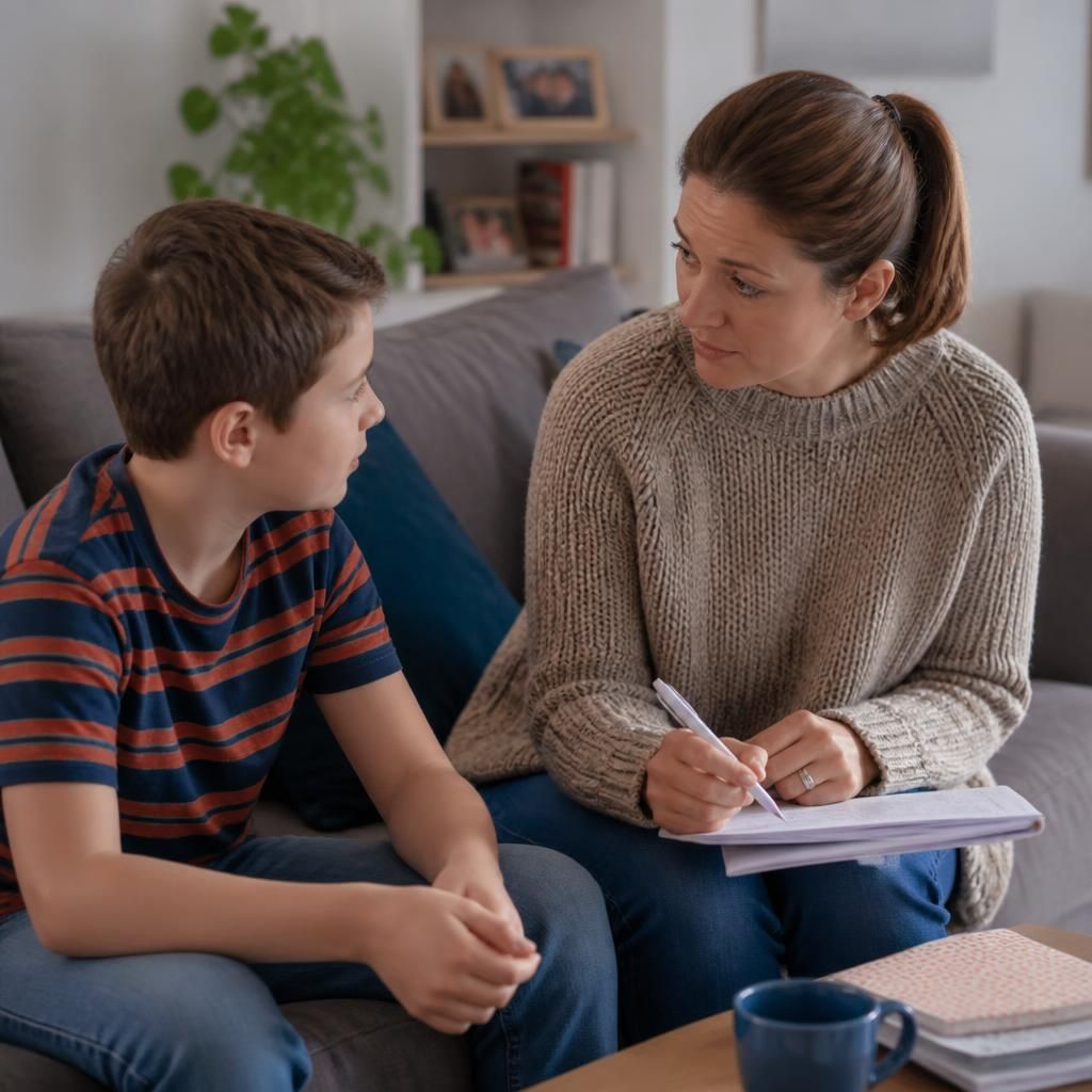 Foster carer speaking with a child at home while reviewing care plan notes
