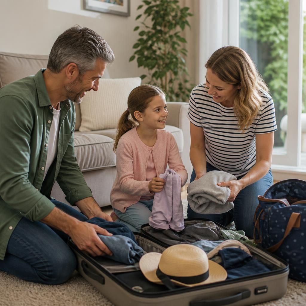 Foster child and carers preparing luggage for a family holiday