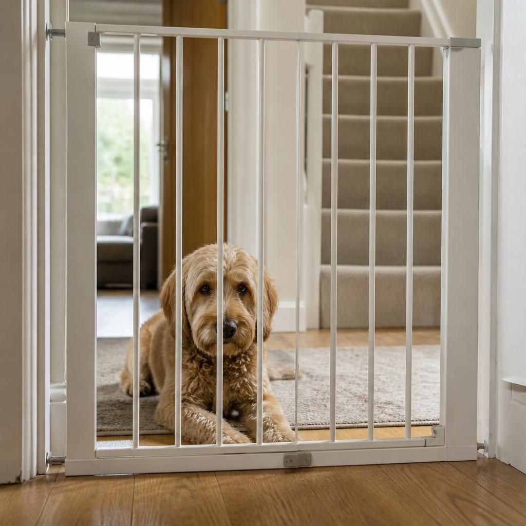 Dog resting behind a stair gate in a family home
