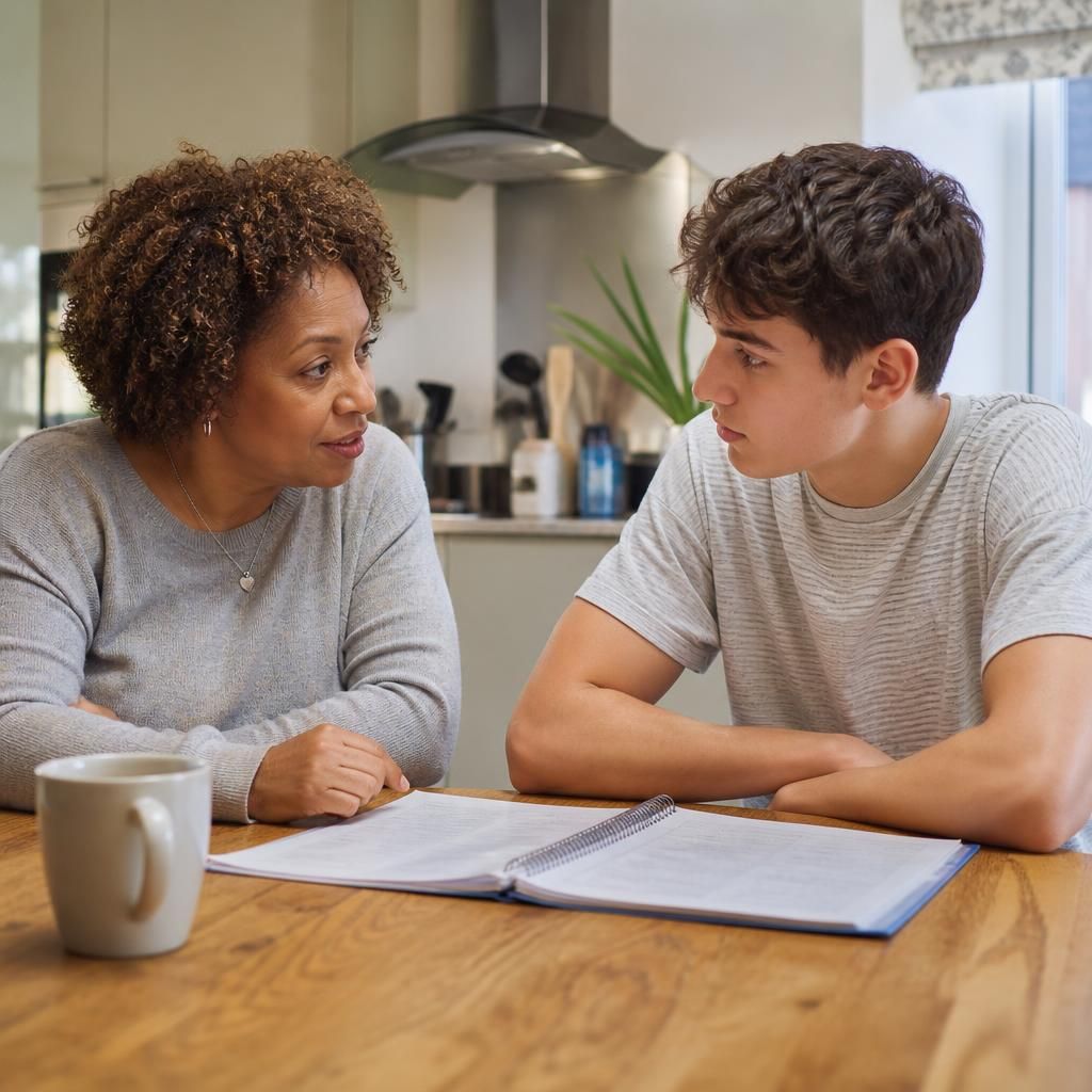 Foster carer and teenager discussing plans at a kitchen table