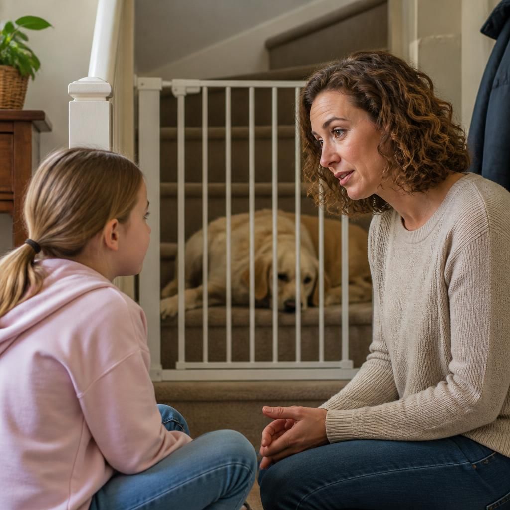 Foster carer speaking with a child while a dog rests behind a stair gate