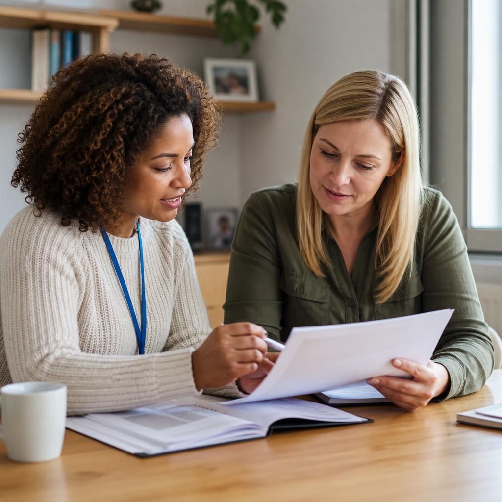Foster carer and social worker reviewing training documents at a table