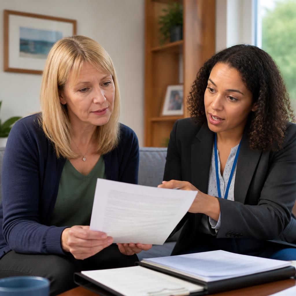 Foster carer reviewing a written payment policy with a social worker