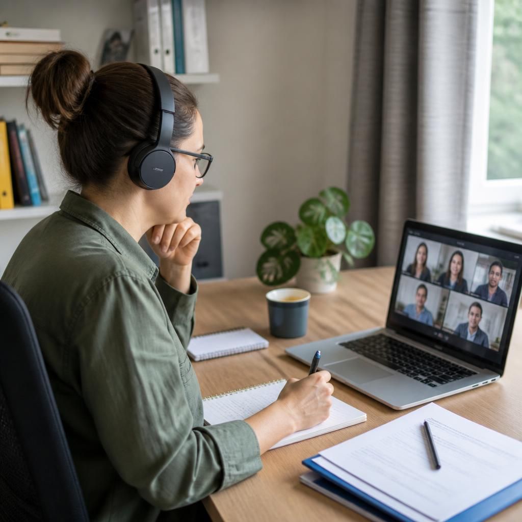 Person taking part in online foster training at a desk with headphones and notes