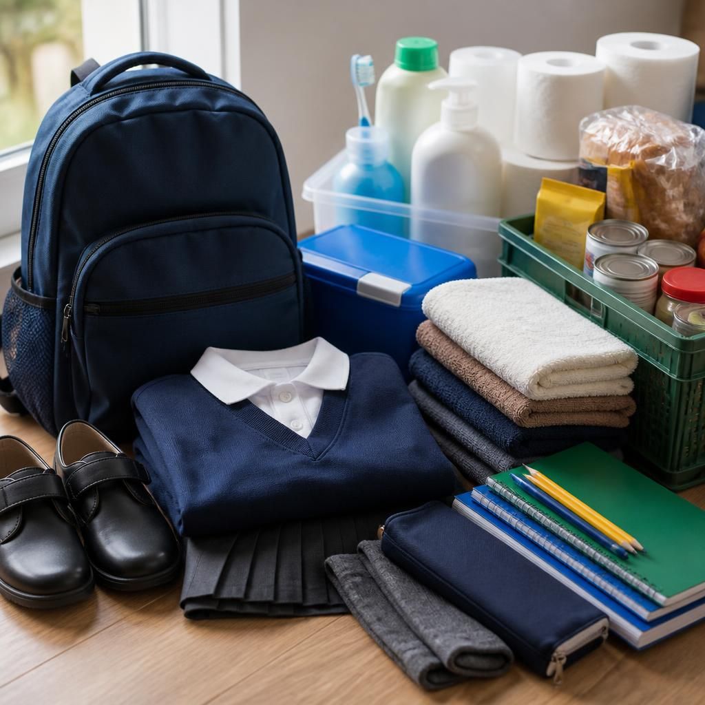 Child’s school uniform, backpack and books arranged beside household essentials