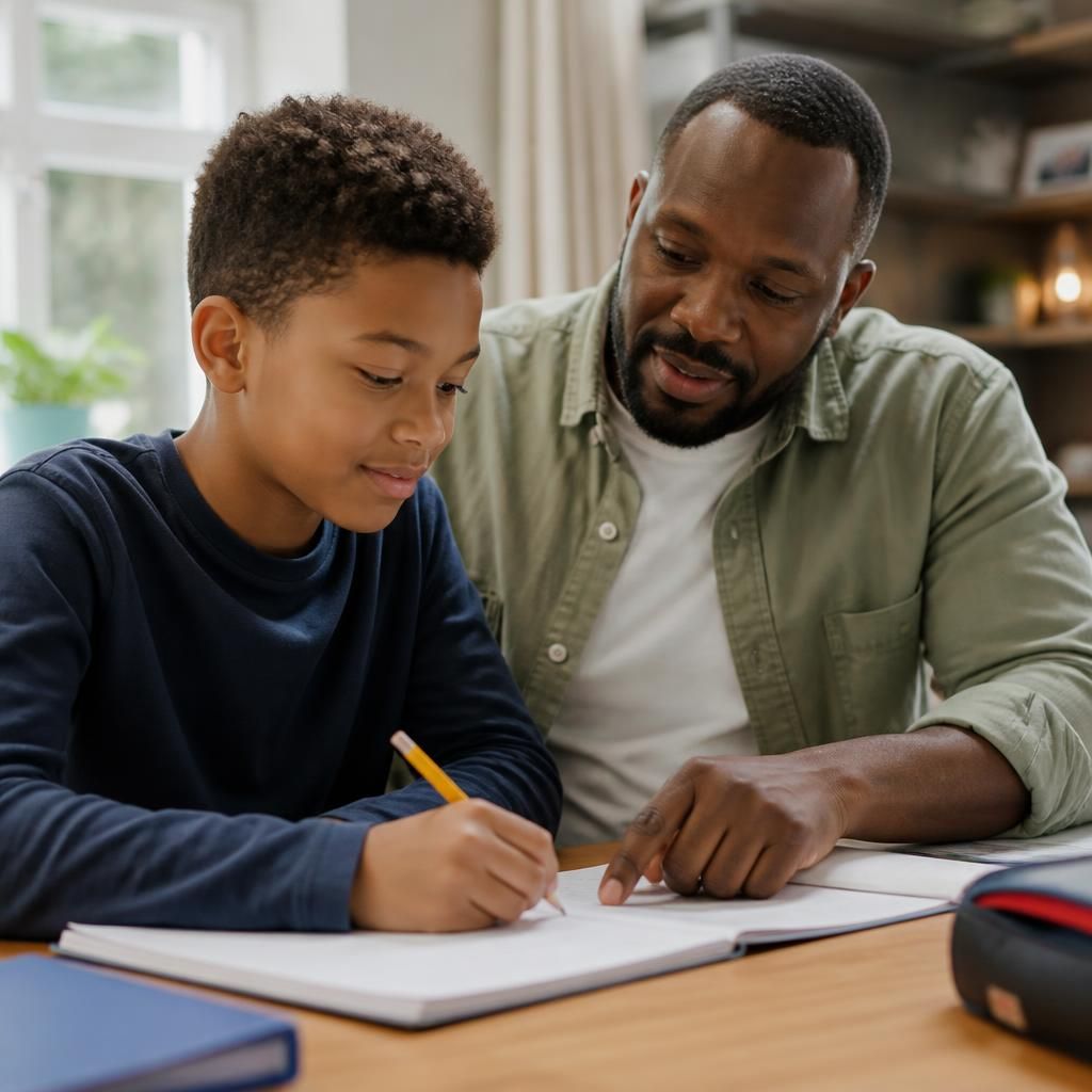 Foster carer and child completing an activity together at home