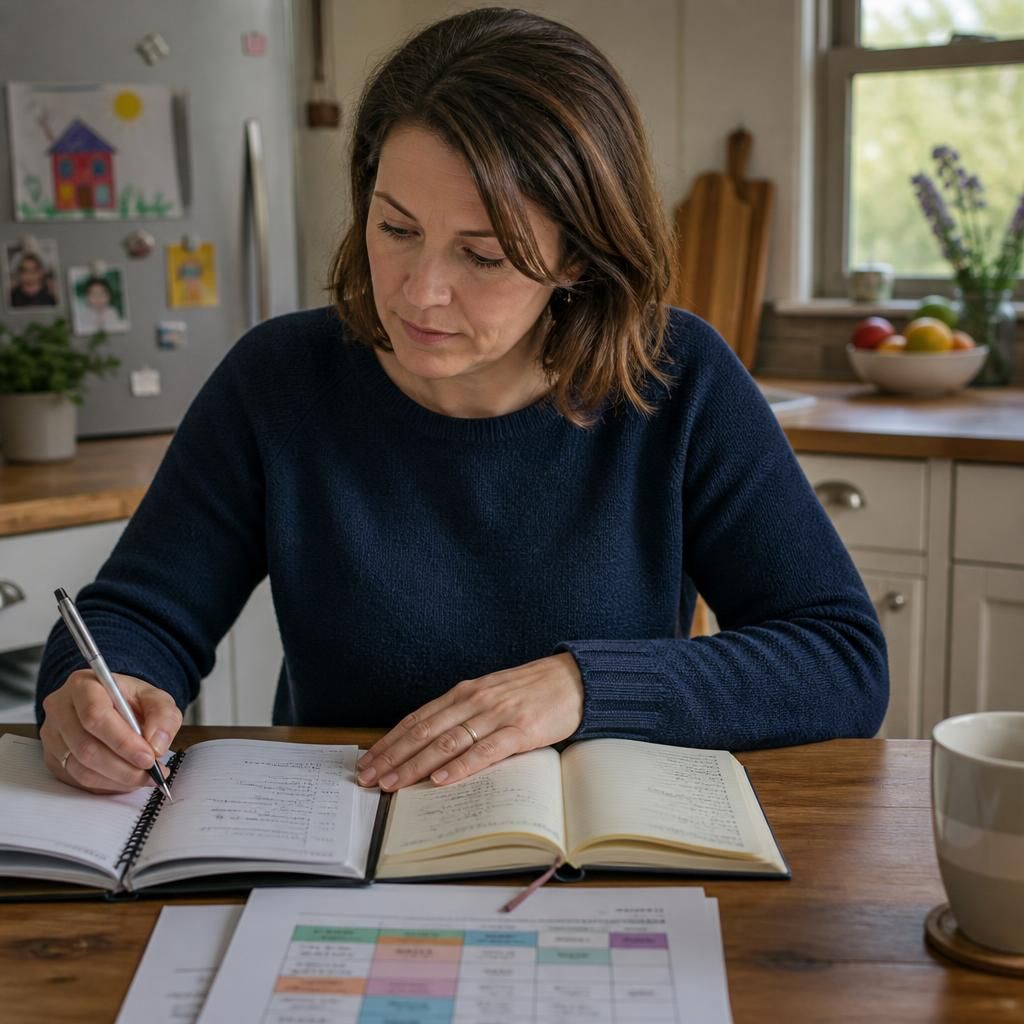 Foster carer reviewing a work diary and household schedule at a kitchen table