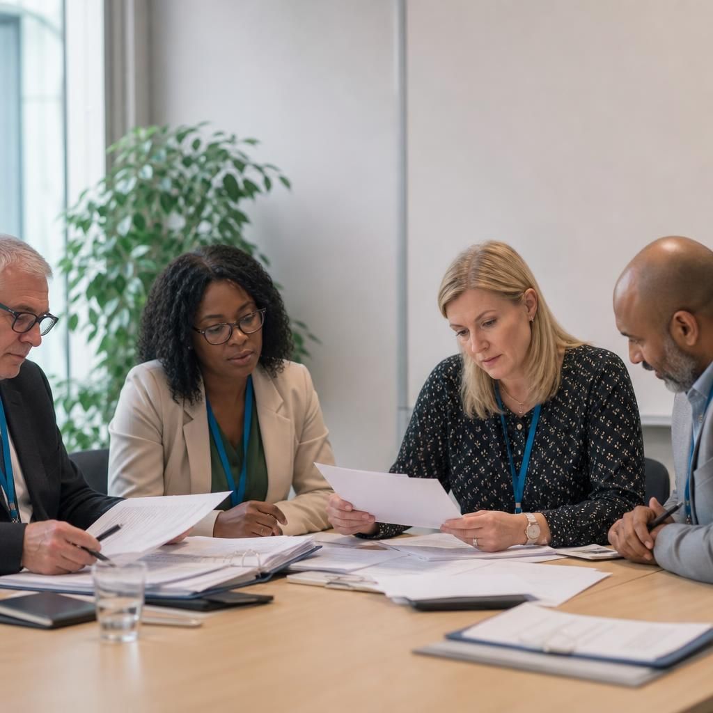 Foster care approval panel members reviewing assessment documents around a table