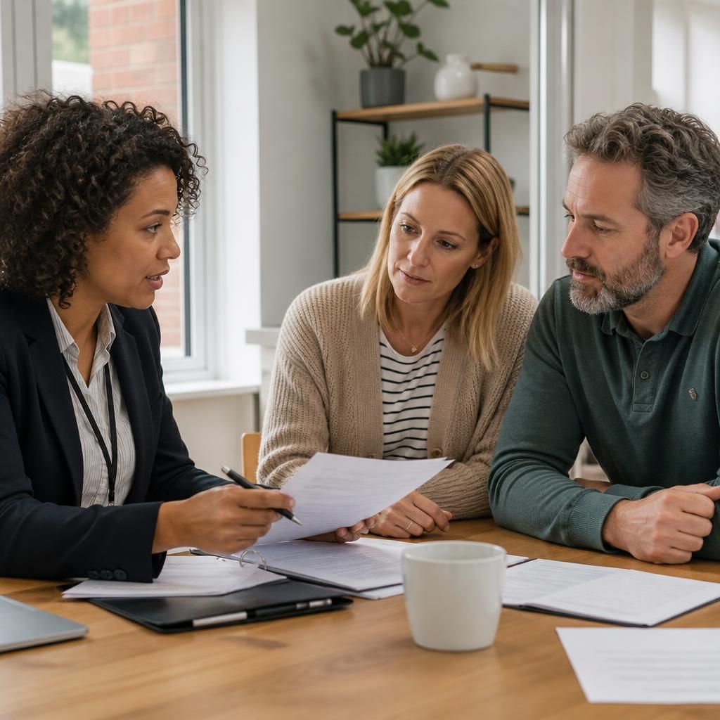 Social worker discussing fostering documents with prospective foster carers at a table