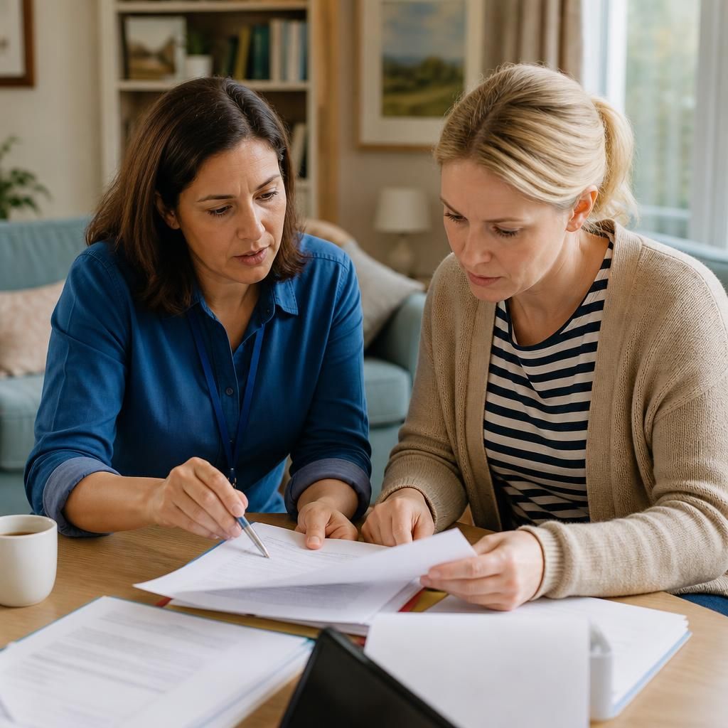 Foster carer and social worker reviewing a child's placement documents