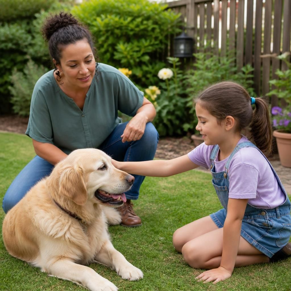 Adult supervising a child calmly interacting with a family dog in a garden