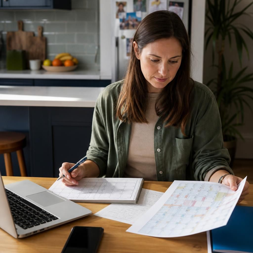 Foster carer checking a work calendar and school timetable at a kitchen table