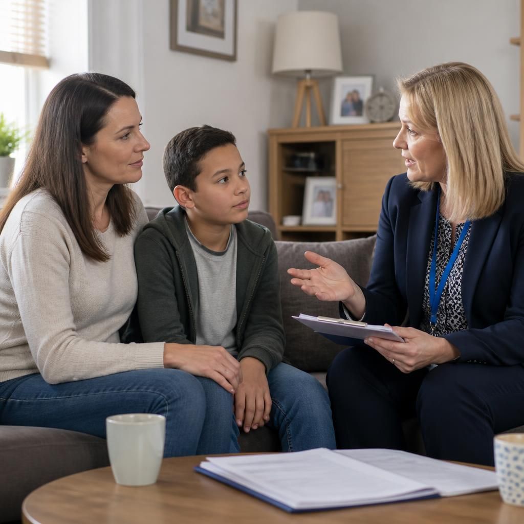 Relative and child talking with a social worker at home