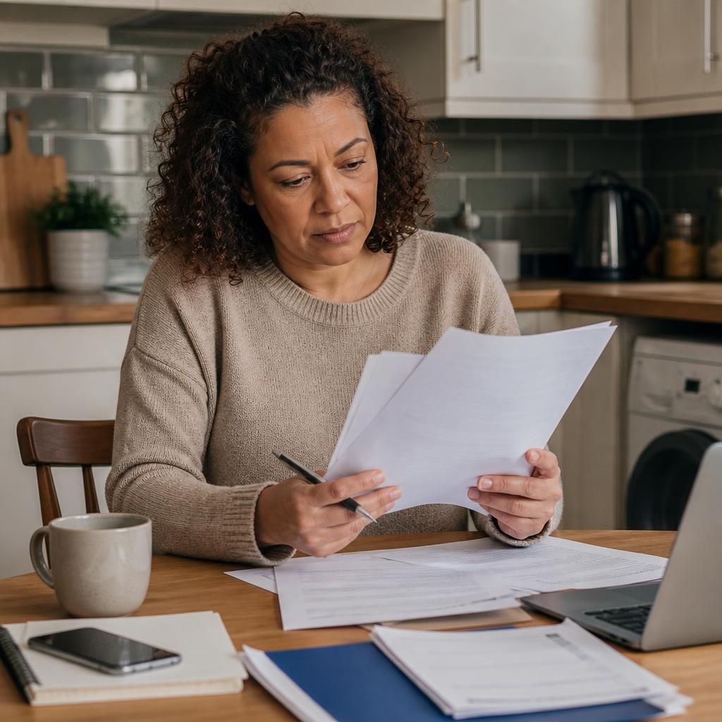 Foster carer reviewing respite placement paperwork at a kitchen table