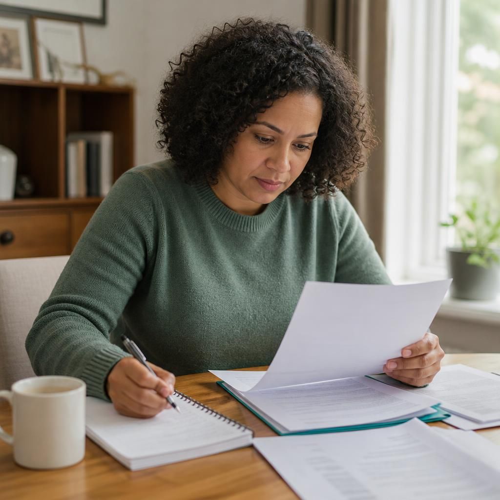 Person reviewing fostering agency documents and making notes at a table