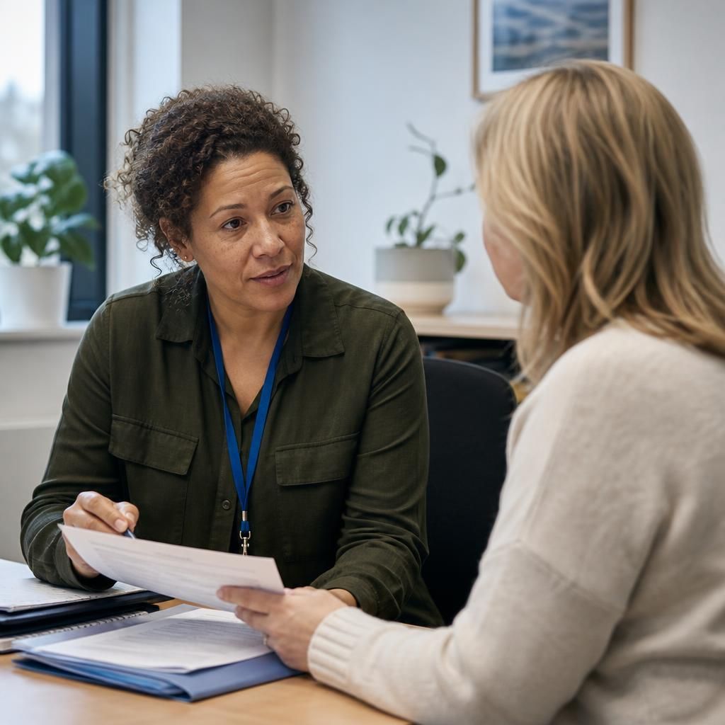 Foster carer discussing a teenager’s placement referral with a social worker