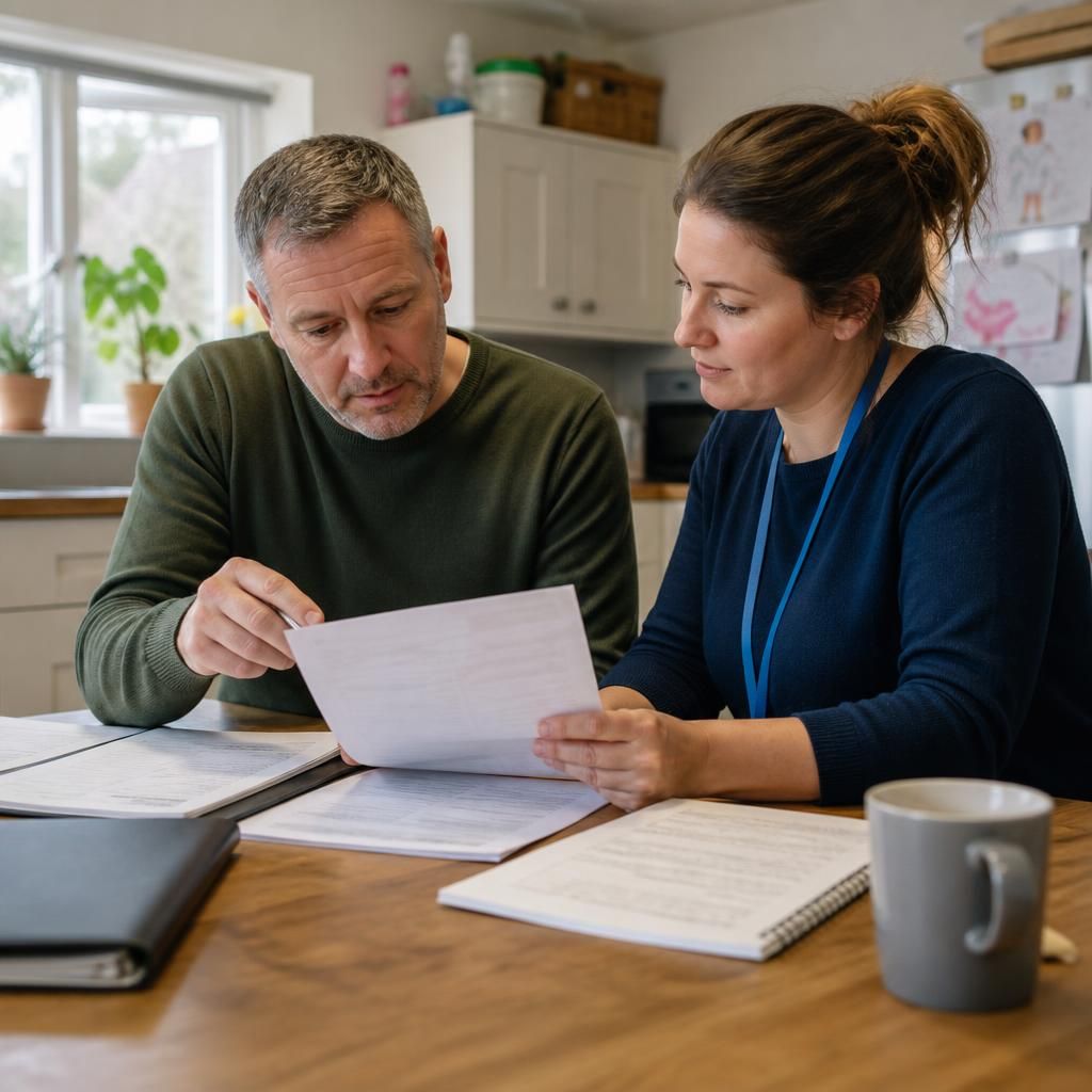Foster carer reviewing placement documents with a support worker