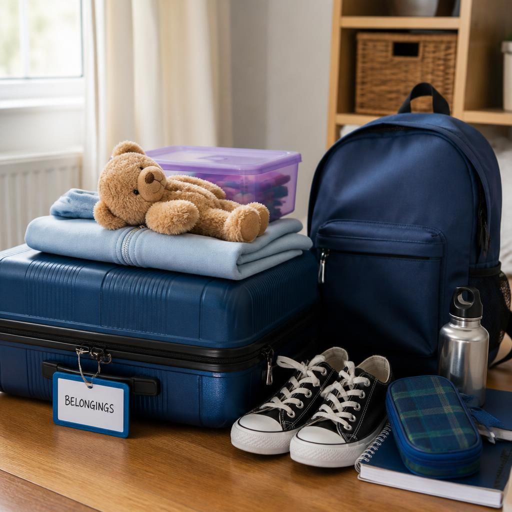 Child’s labelled suitcase, school bag and personal belongings ready for collection