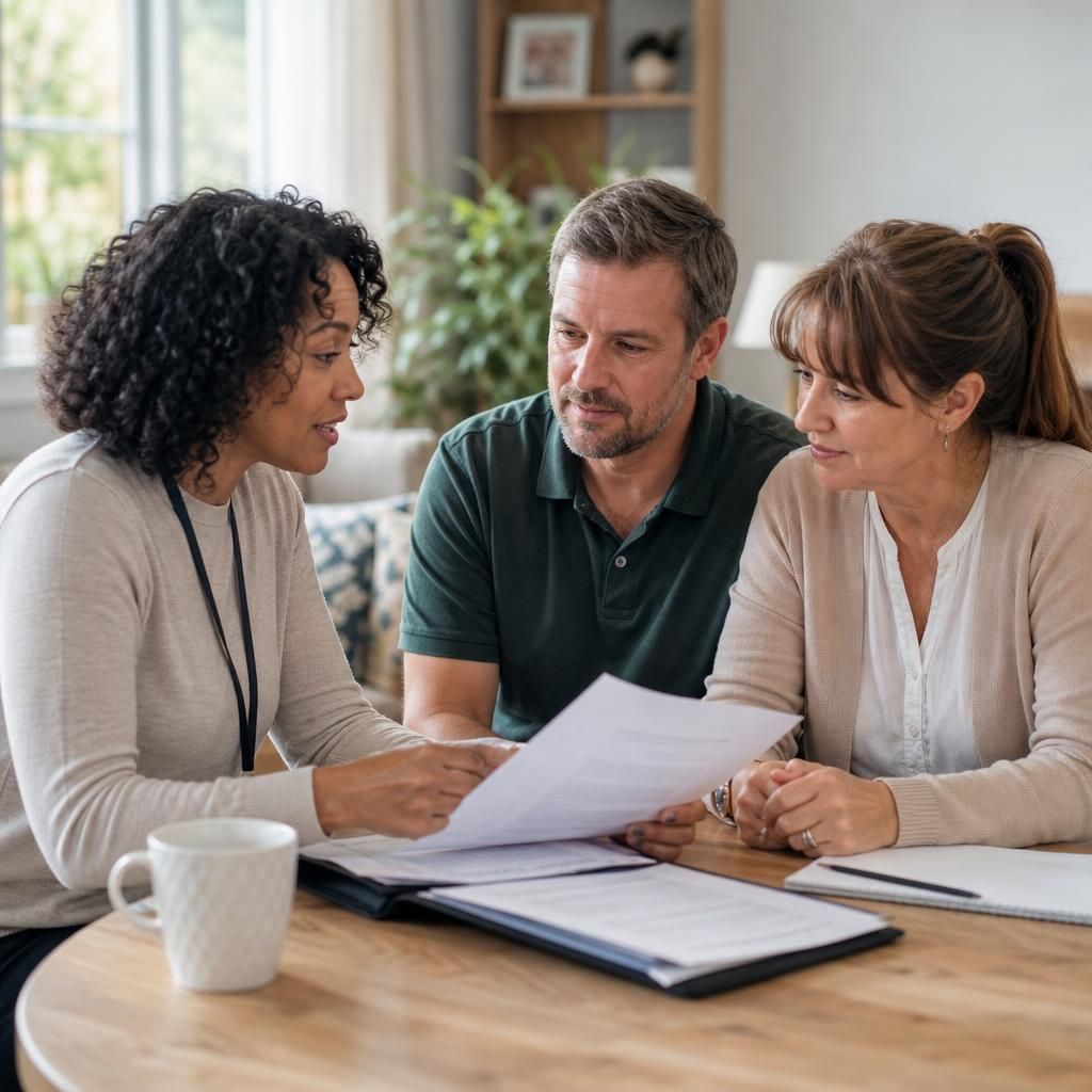 Social worker discussing fostering assessment documents with a couple