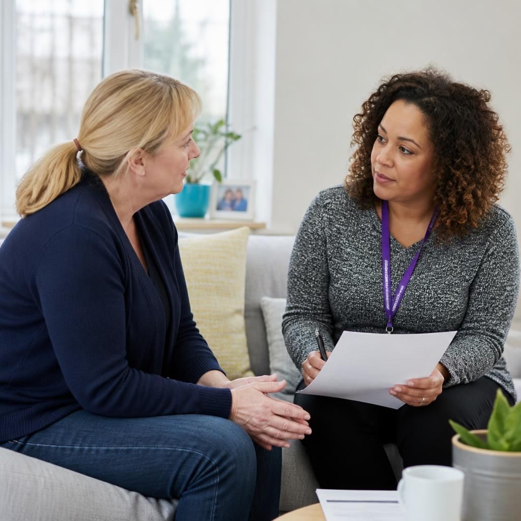 Social worker discussing assessment notes with a prospective foster carer