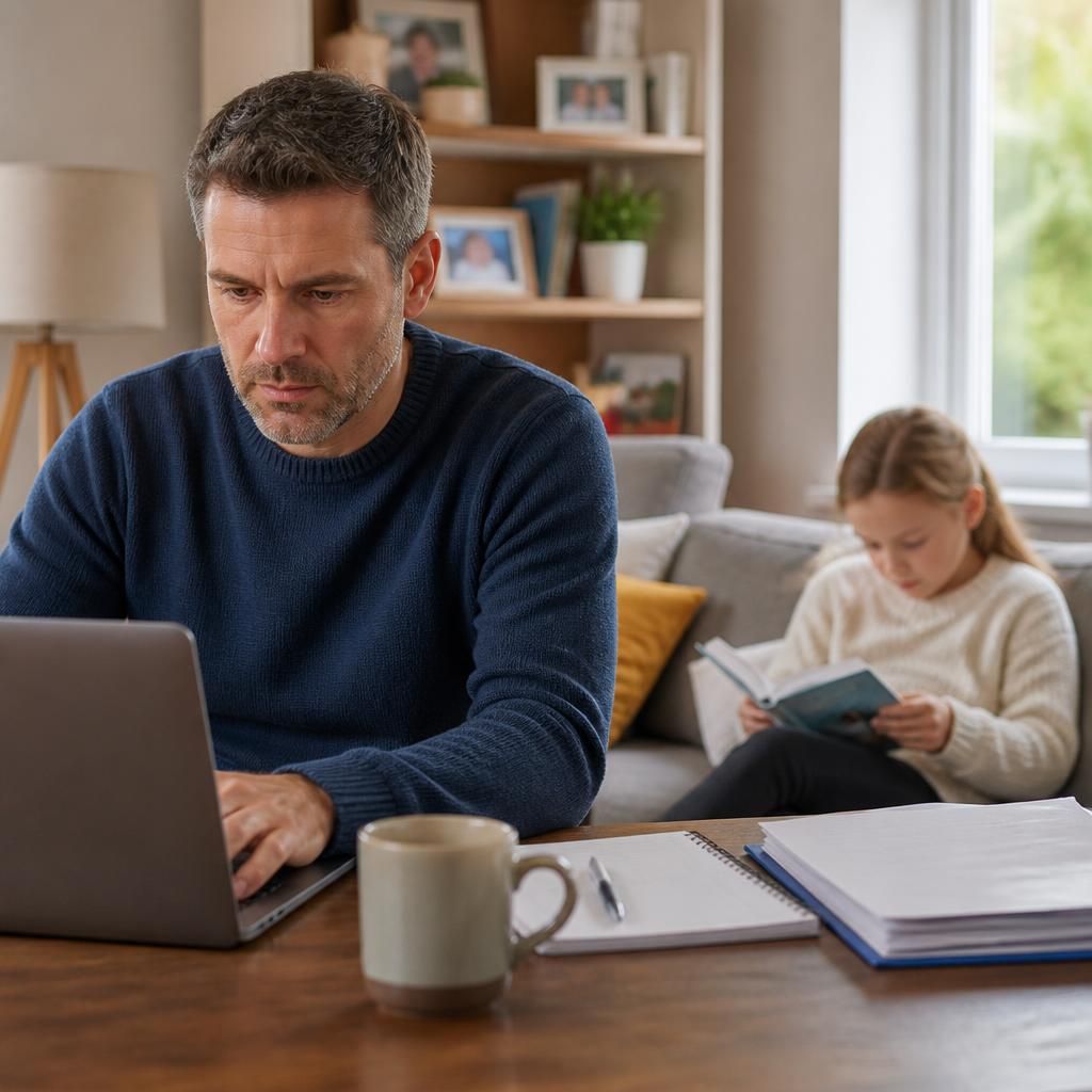 Foster carer working at a desk while a child reads nearby