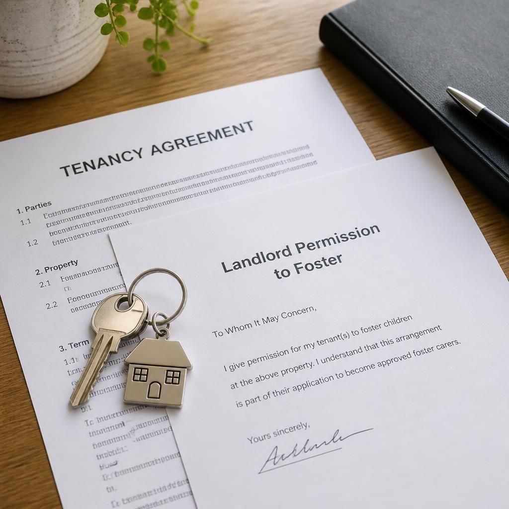 Tenancy agreement and written landlord permission letter beside house keys
