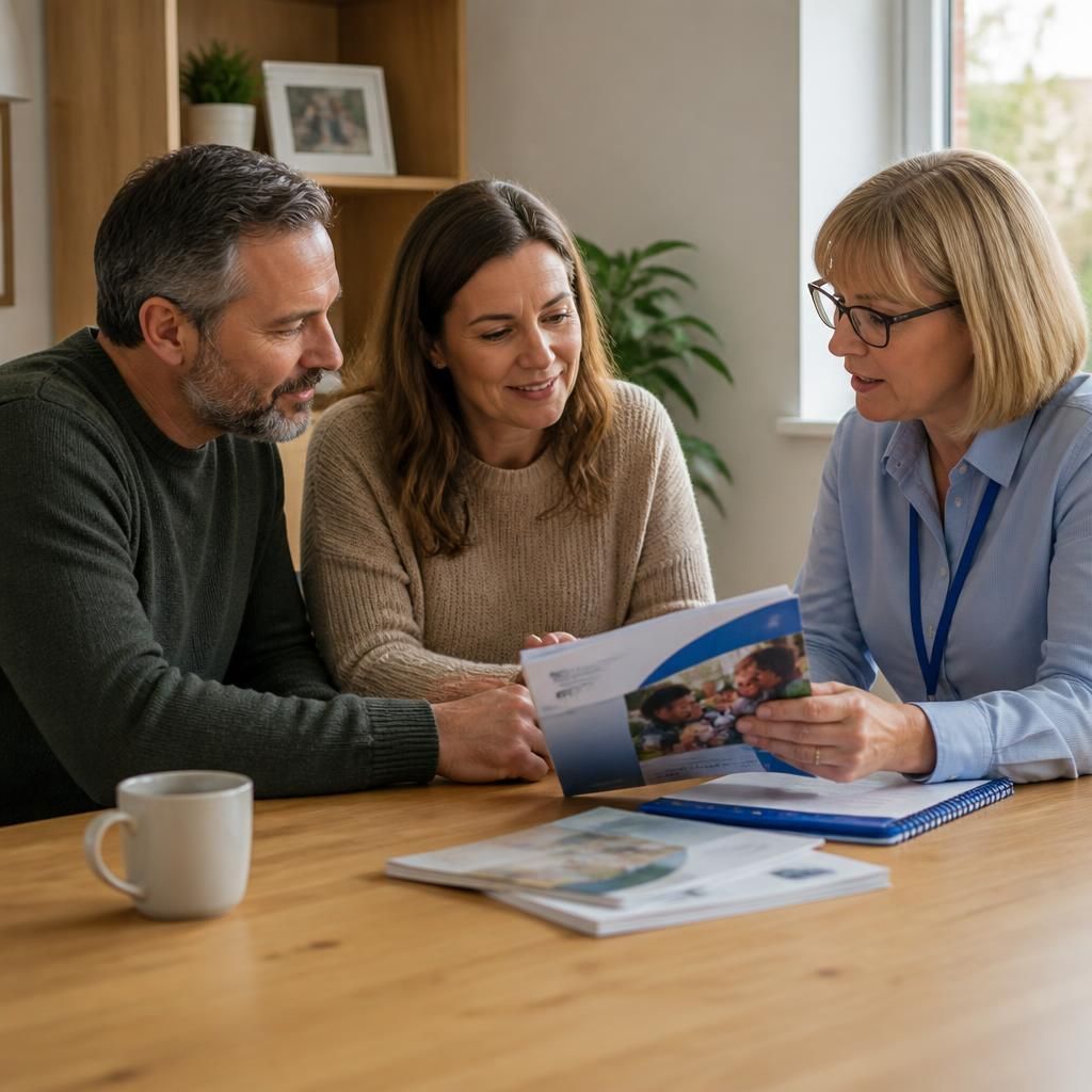 Foster carers reviewing training materials with a social worker