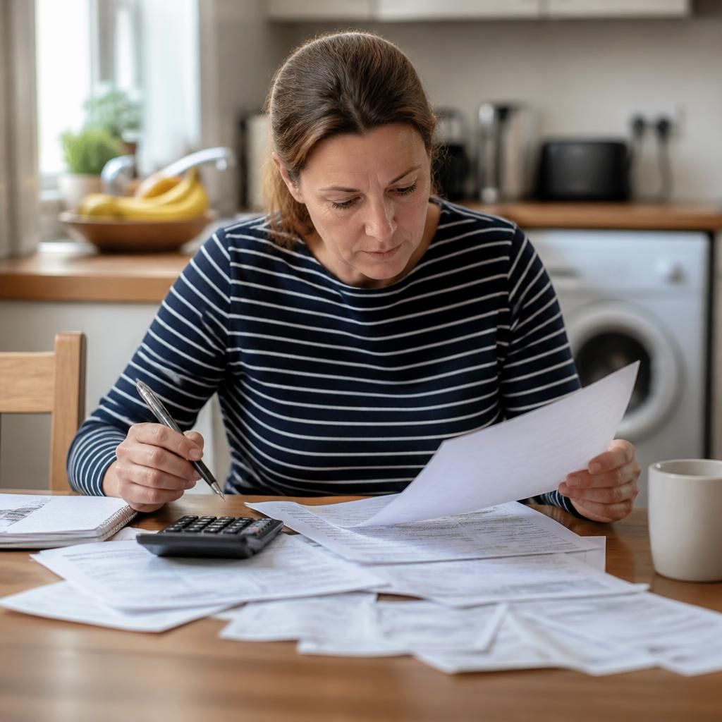 Foster carer reviewing household budget documents at a kitchen table