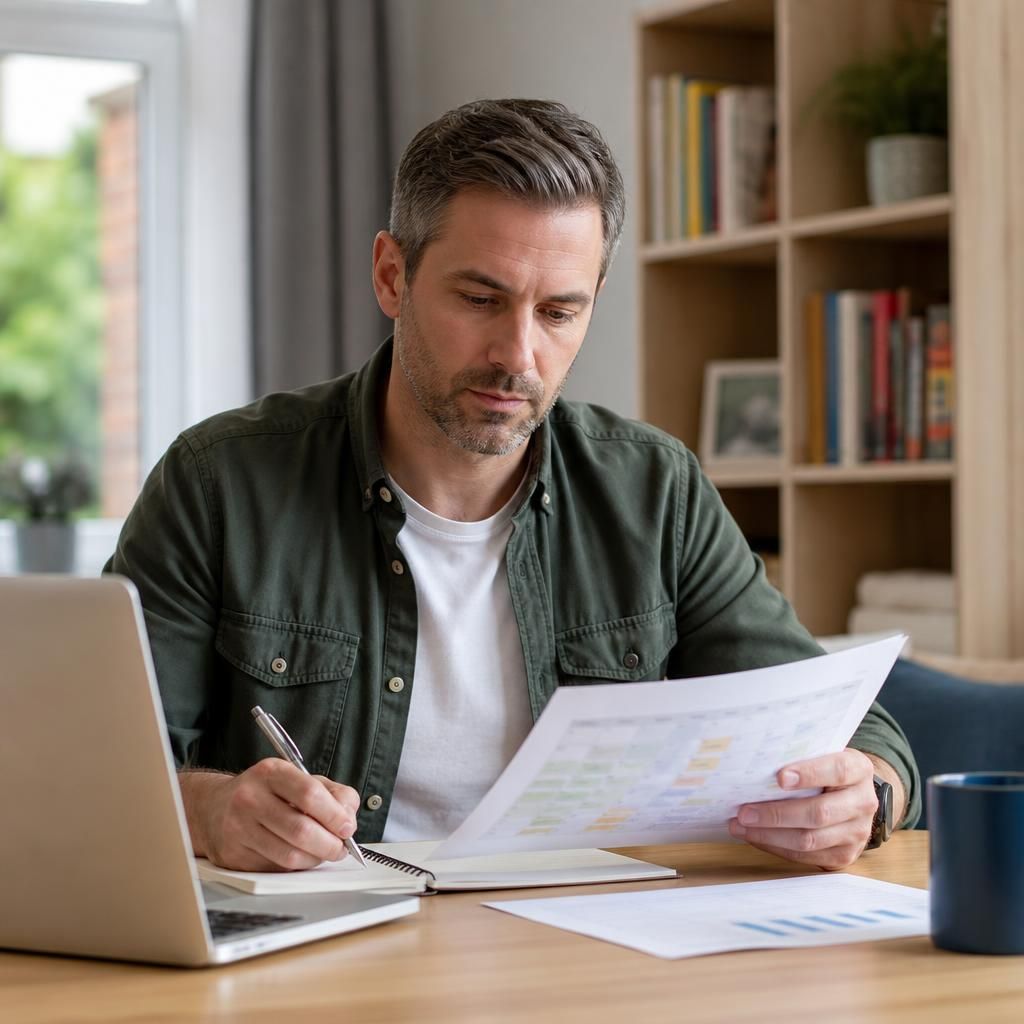 Foster carer reviewing work and fostering schedules at a desk