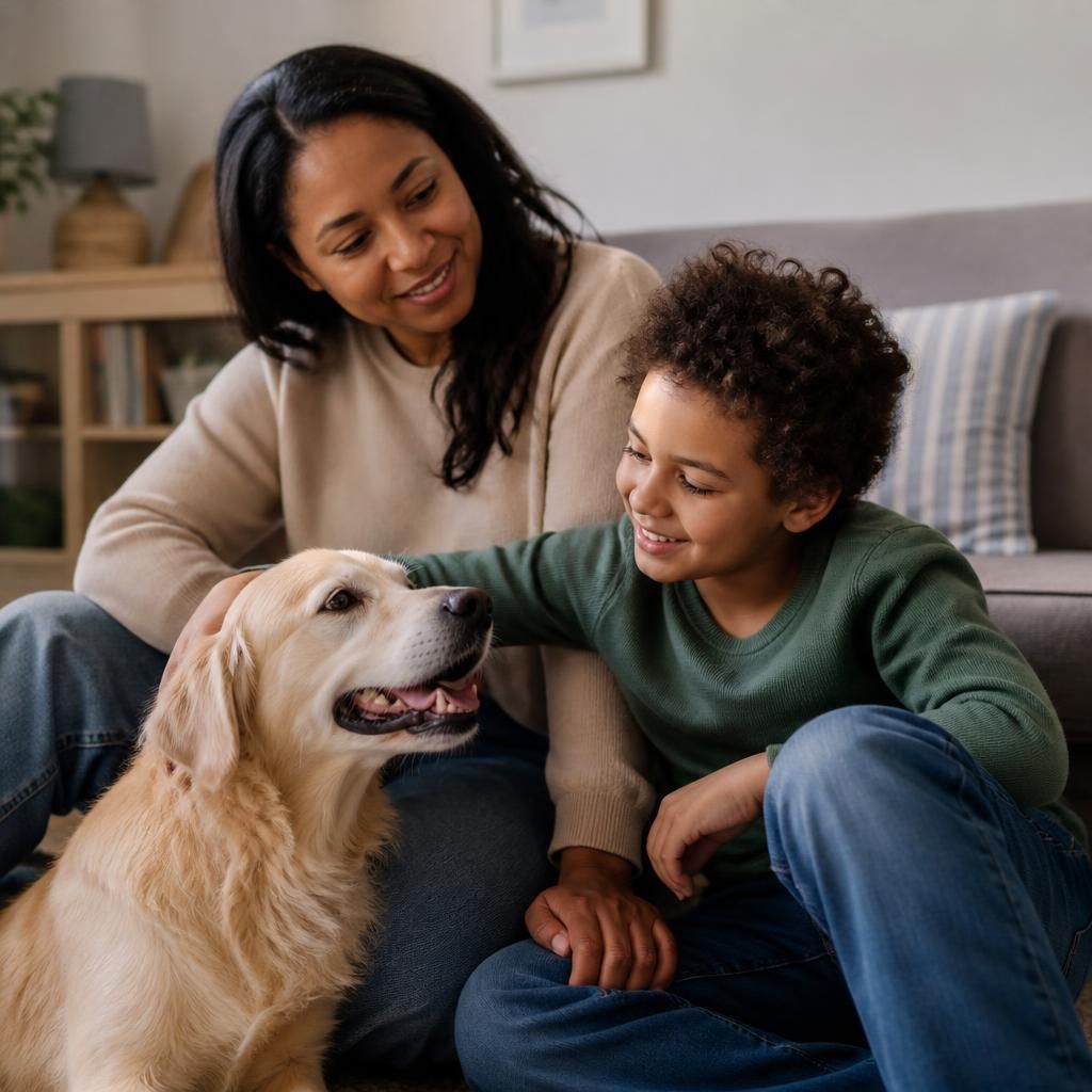 Child sitting beside a family dog under adult supervision