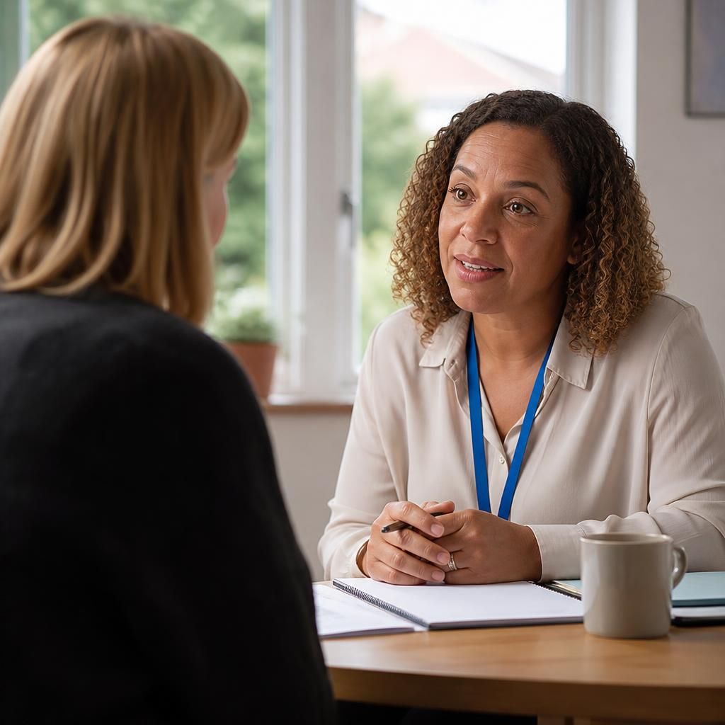 Foster carer speaking with a supervising social worker at a table