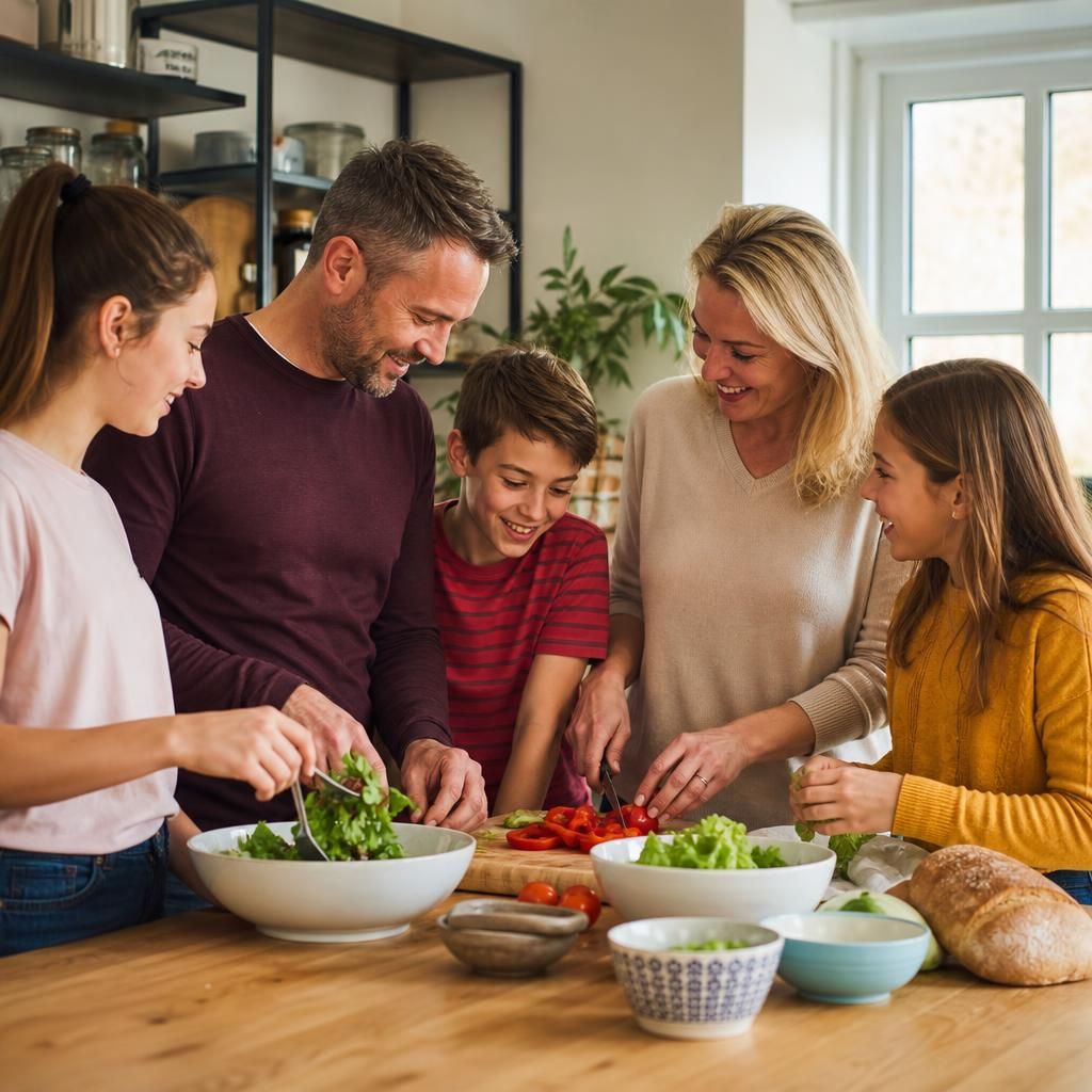 Family members preparing a meal together at home