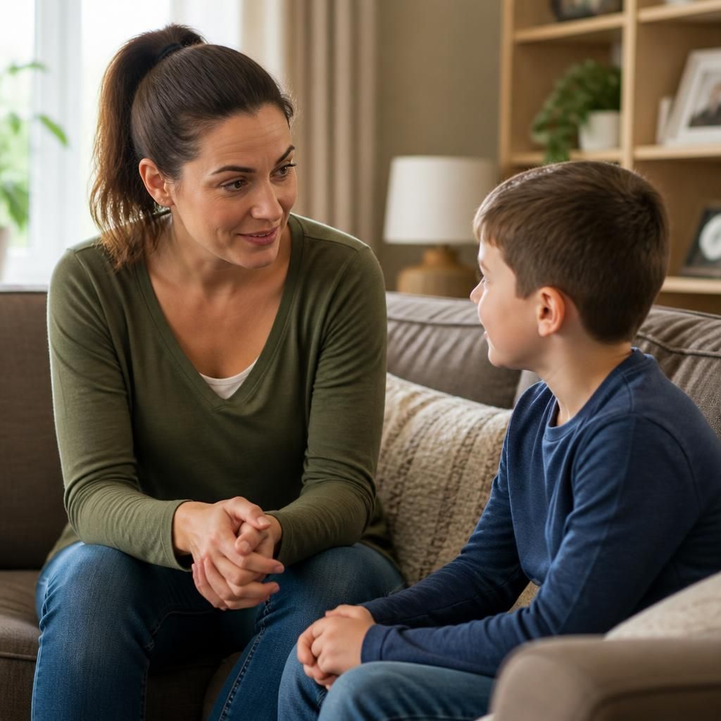 Single foster carer talking with a child at home