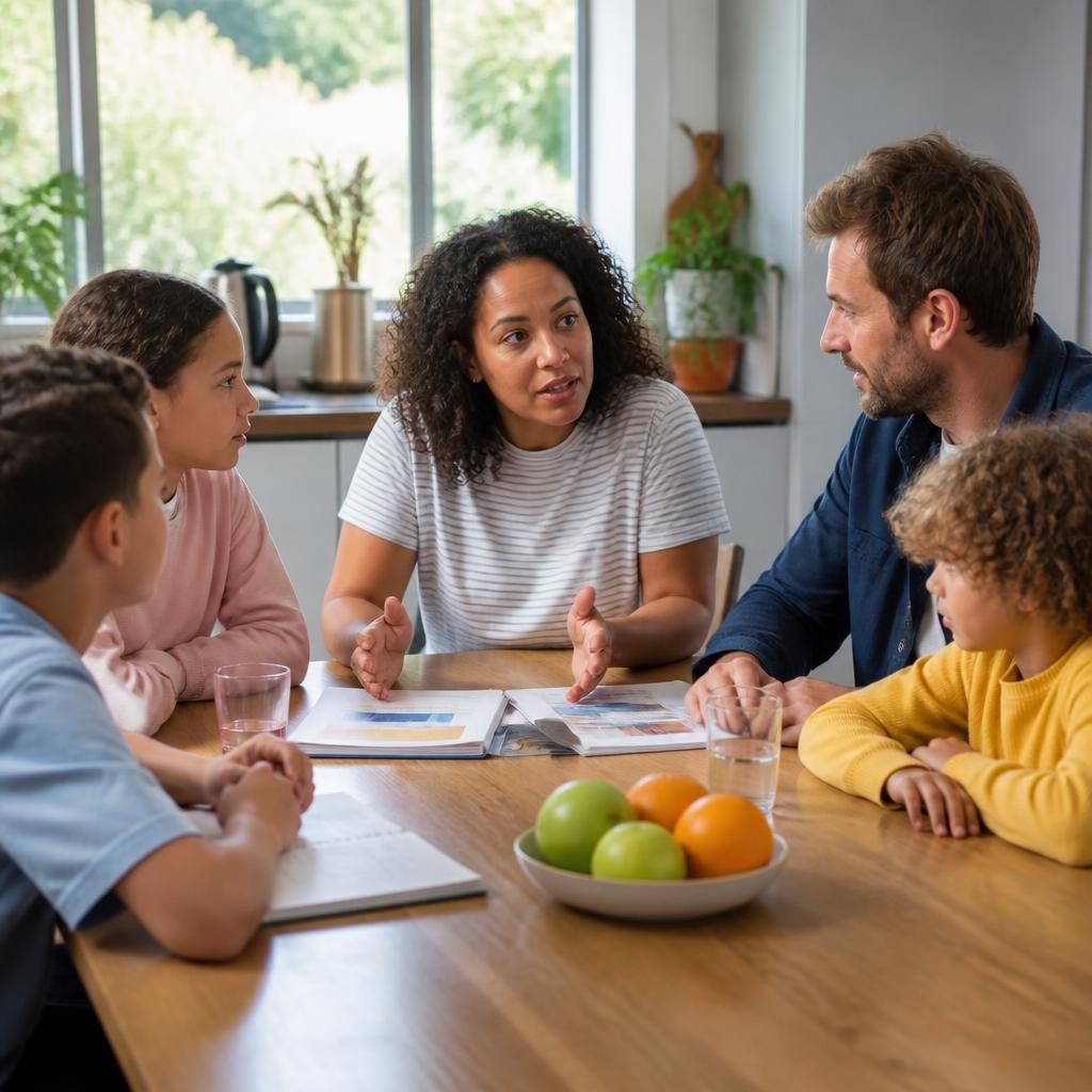 Parents and children discussing family routines around a kitchen table