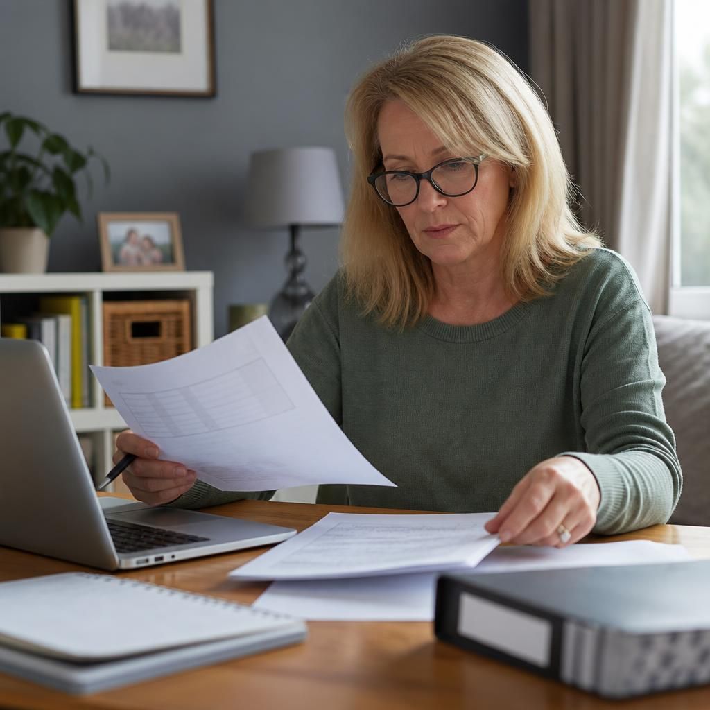 Foster carer reviewing placement records and tax documents at a desk