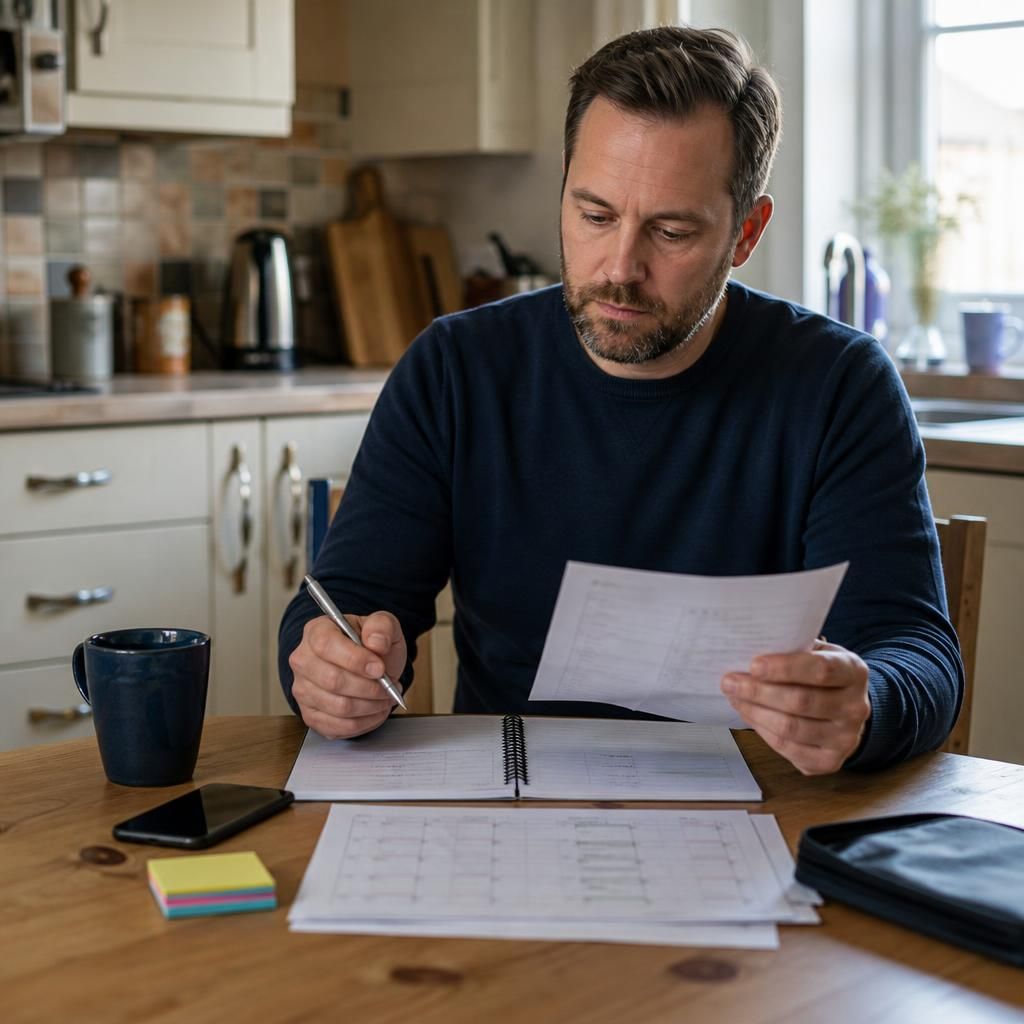 Foster carer reviewing a work rota and placement notes at a kitchen table