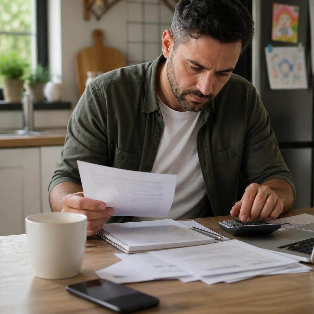 Foster carer reviewing household finances and fostering payment documents at a table