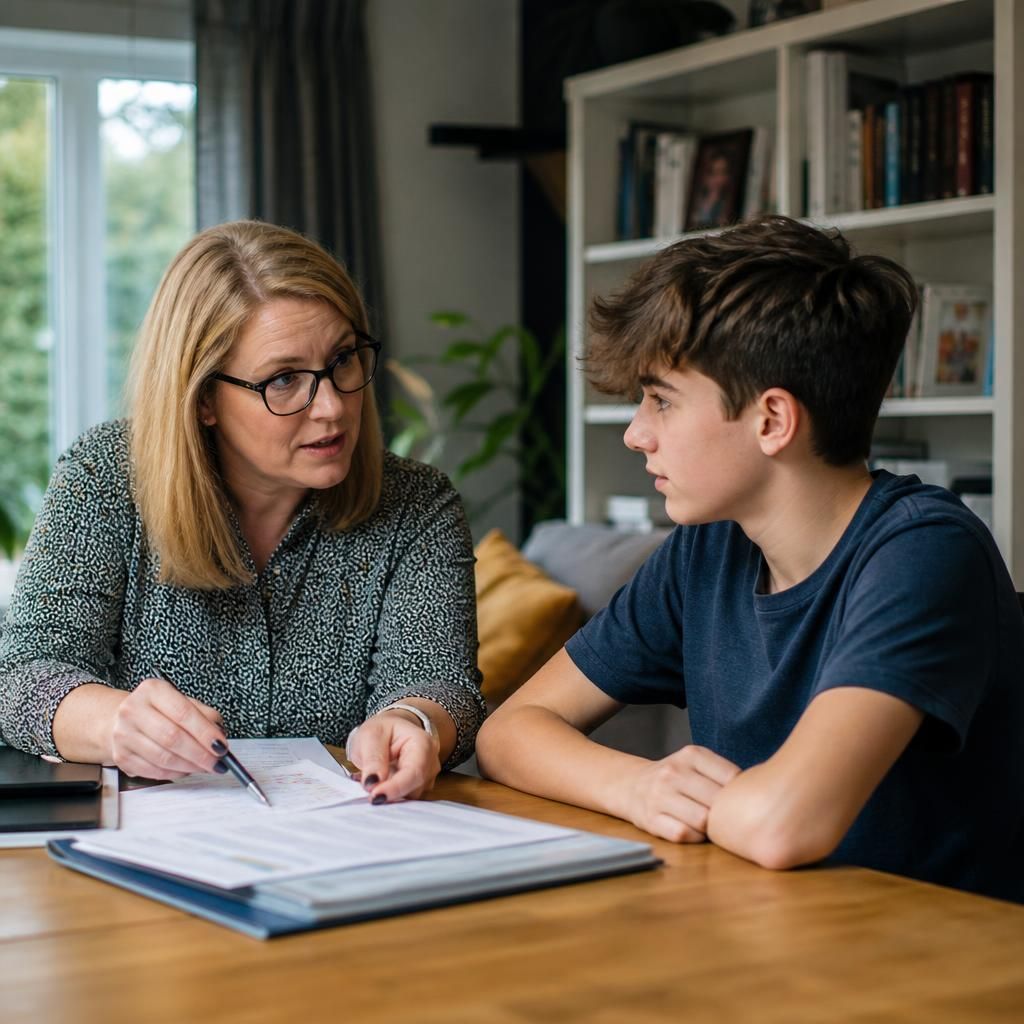 Foster carer speaking with a young person while reviewing paperwork