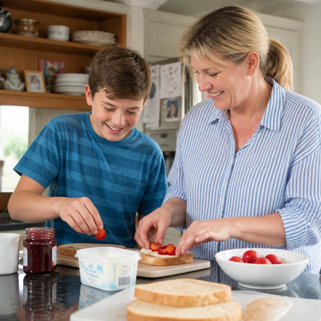 Foster carer and child preparing breakfast together in a family kitchen