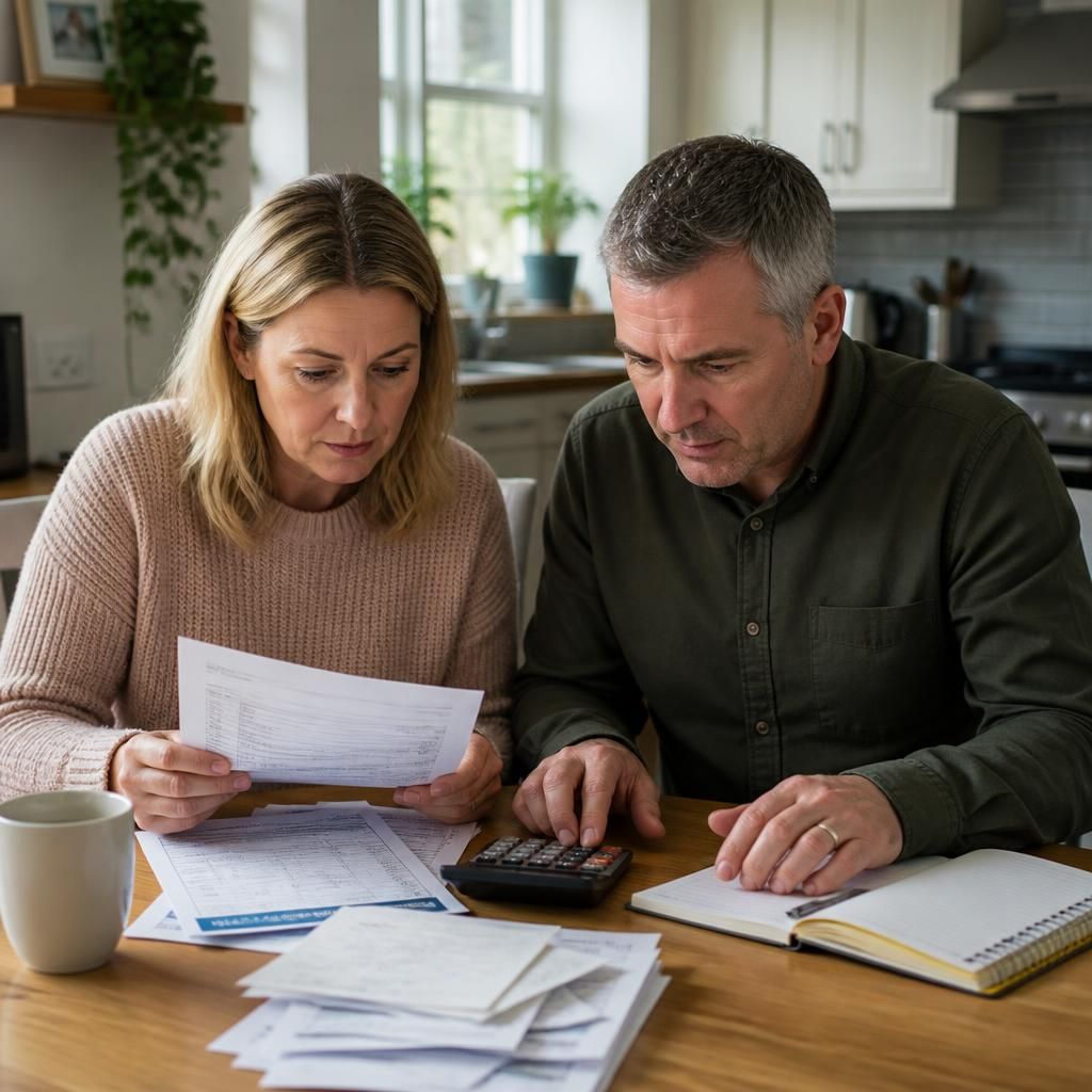 Household reviewing bills, income records and a calculator at a kitchen table
