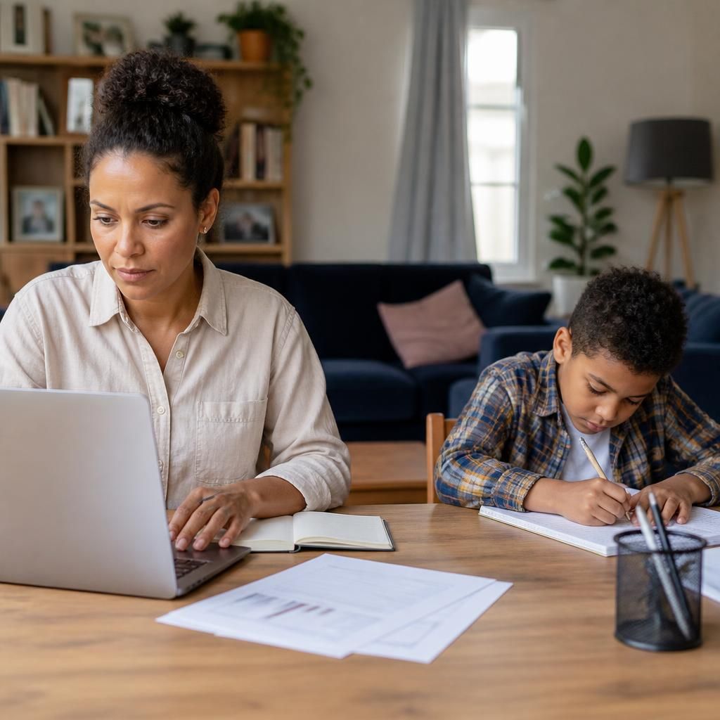 Foster carer working at a desk while a child completes homework nearby