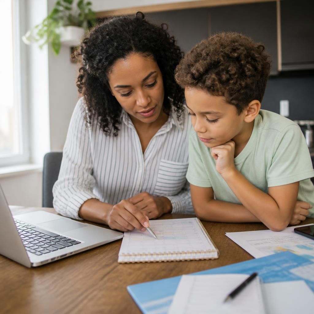Working parent reviewing a schedule with a young child at home
