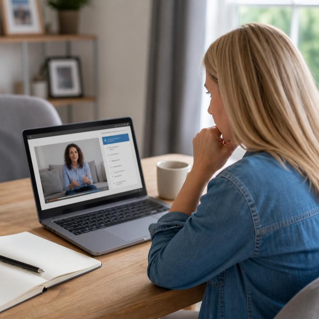 Prospective foster carer completing an online training module on a laptop