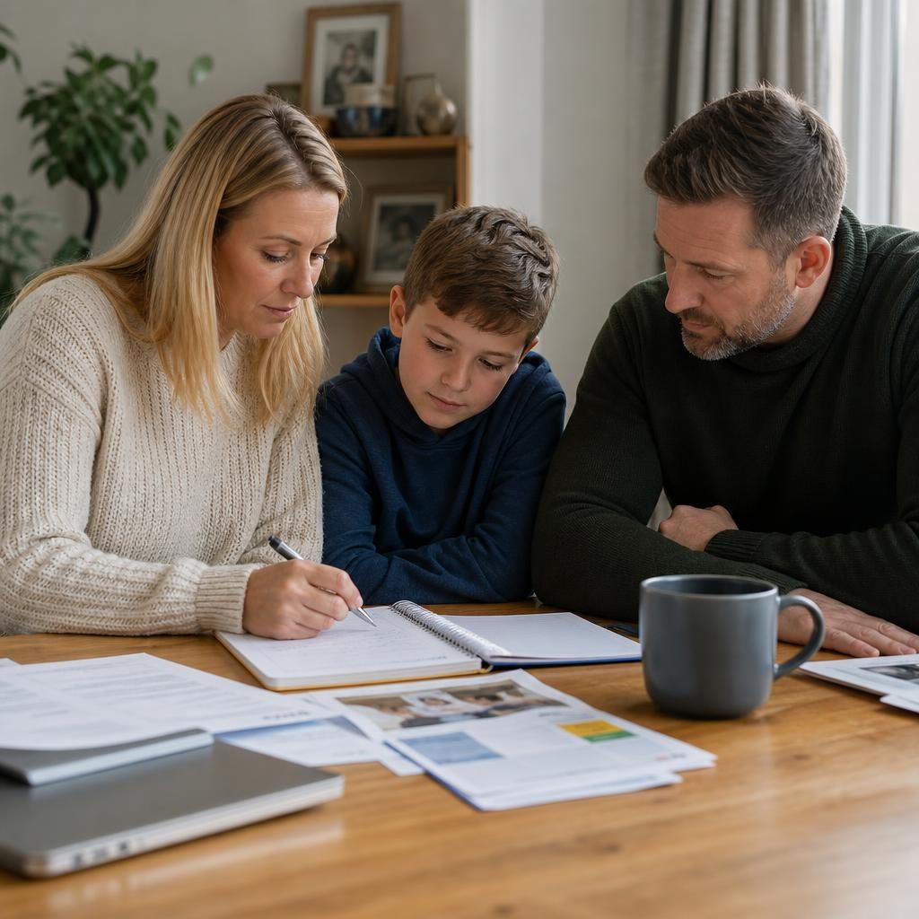 Family reviewing notes and information together at home