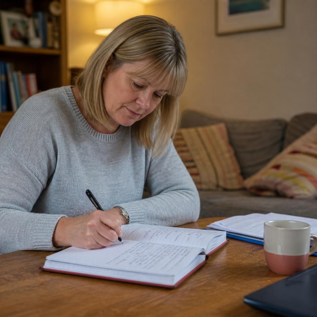 Foster carer writing dated notes in a placement recording diary