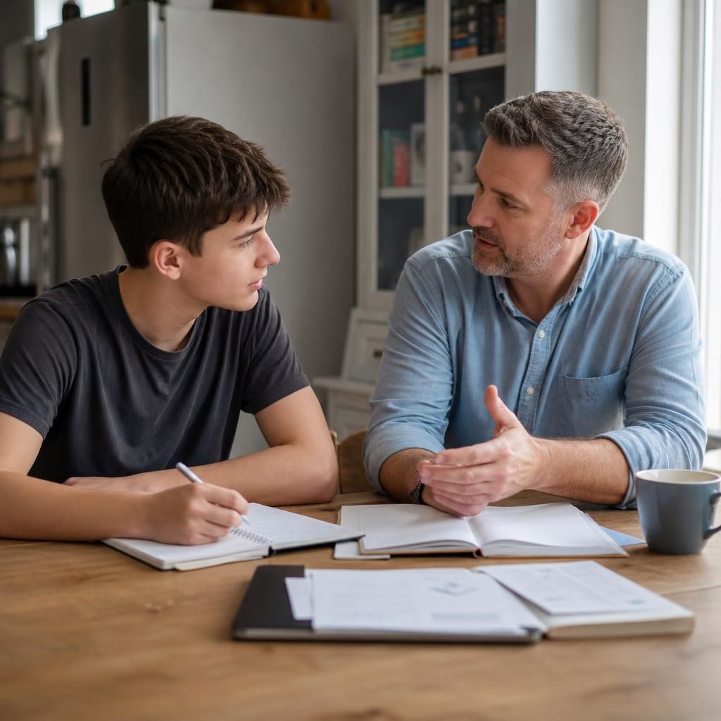 Foster carer and young person discussing plans at home